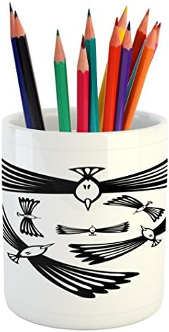 Raven Pencil Pen Holder by Printawe, Abstract Birds with Huge Open Wings Flying Monochrome Hand Drawn Style Pattern, Printed Ceramic Pencil Pen Holder for Desk Office Accessory, Black and White