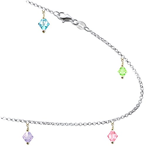 JOSCO Multi-Color Crystals with Sterling Silver Link Anklet
