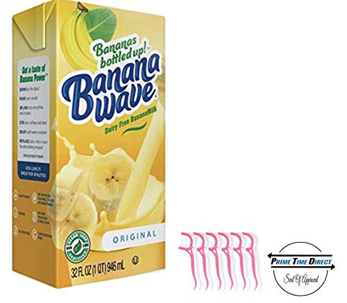 Banana Wave Dairy Free Banana Milk, Blended Superfood Beverage with Potassium and Omega-3, All Natural Original Flavor 32oz (Pack of 3) with 20ct Dental Flossers in a Prime Time Direct Sealed Box