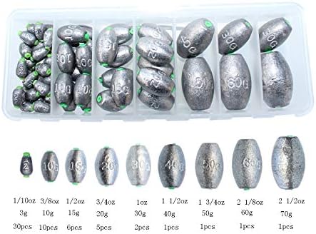OKVGO 57pcs Fishing Sinker Weights Kit Set with Assorted Size Worm/Bell/Bass Casting Weight for Carp Coarse Sea Fishing