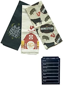 4 Piece Hostess Set: Farm To Table Vintage Style Chalkboard Linen 3 Piece Kitchen Towel Set and Chalkboard Weekly Menu Planner Wall Sticker