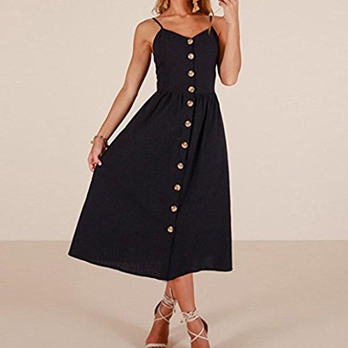 Elogoog Hot Sale Women's Summer Spaghetti Strap Solid Color Button Down Flowy Swing Sleeveless Party Midi Dress Sundress (Black, L)