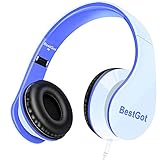 [New Style] BestGot Headphones Over Ear with microphone In-line Volume with Transport Waterproof Bag Foldable Headphone with 3.5mm plug removable cord (White/Blue)