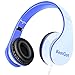 BestGot Kids Wired Headphones Boys Over Ear with Microphone for Kids Adult in-line Volume with Cloth Bag Foldable Headphone with 3.5mm Plug Removable Cord (White/Blue)