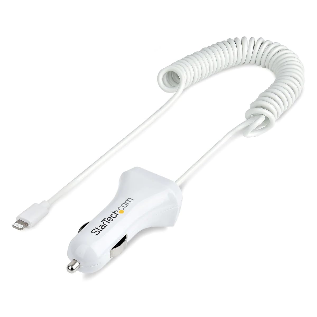 StarTech.com Lightning Car Charger with Coiled Cable, 1m Coiled Lightning Cable, 12W, White, 2 Port USB Car Charger Adapter for Phones and Tablets, Dual USB In Car iPhone Charger (USBLT2PCARW2)