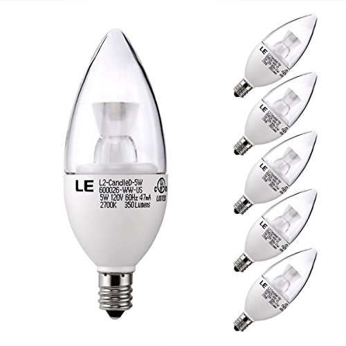 LE Dimmable Candelabra LED Bulbs, 40W Incandescent Bulbs Equivalent, 5W E12 Base LED Torpedo, Chandelier Bulbs, 350lm, 120° Beam Angle, Warm White, 2700K, LED Candle Bulbs, 5 Pack