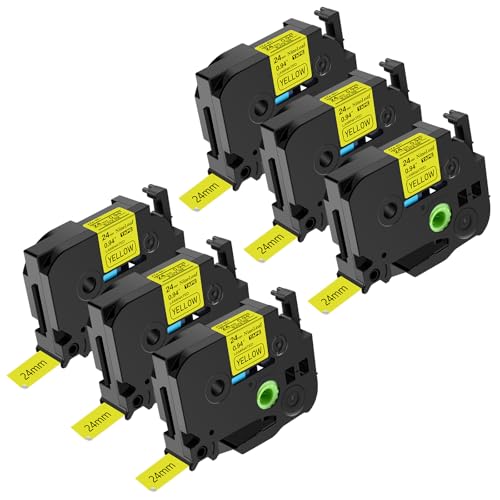 NineLeaf 6 Pack Replacement for Brother P-Touch TZe-651 TZ-651 TZe651 TZ651 AZe 24mm 0.94'' 8m Laminated Black on Yellow Label Tape Cassette for Ptouch PT-9400 9500PC 9600 9700PC 9800PCN Label Maker