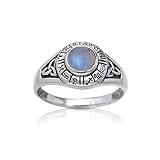Zodiac Wheel Astrological Symbols Sterling Silver Celtic Knot and Rainbow Moonstone Ring(Sizes 4,5,6,7,8,9,10,11)