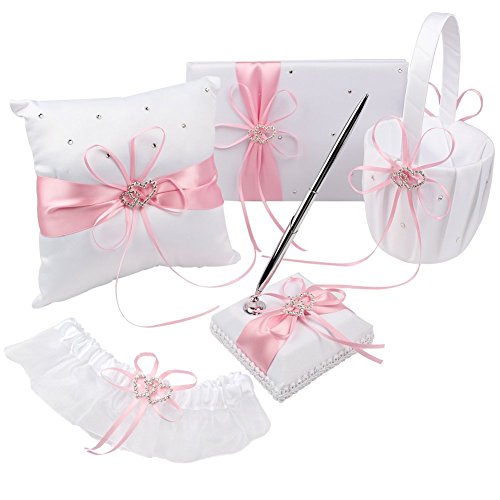 Wedding Flower Girl Basket and Ring Bearer Pillow Set, Pink Satin, Ring Pillow + Flower Girl Basket + Wedding Guest Book +Pen Set + Garter Cover - Thumbnail 4