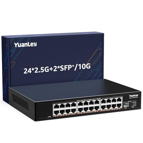 Unmanaged 2.5G 24-Port Ethernet Switch, 24 x 2.5 GB Base-T Ports, 2 x 10G SFP+, Compatible with 100/1000/2500Mbps, Metal Fanless, Desktop/Rack Mount YuanLey 2.5 GB Network Switch