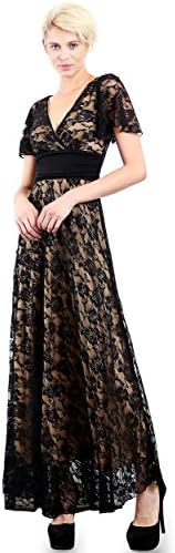 EVANESE Women's Lace Evening Party Formal Long Dress Gown With Short Sleeves L, Black/Tan