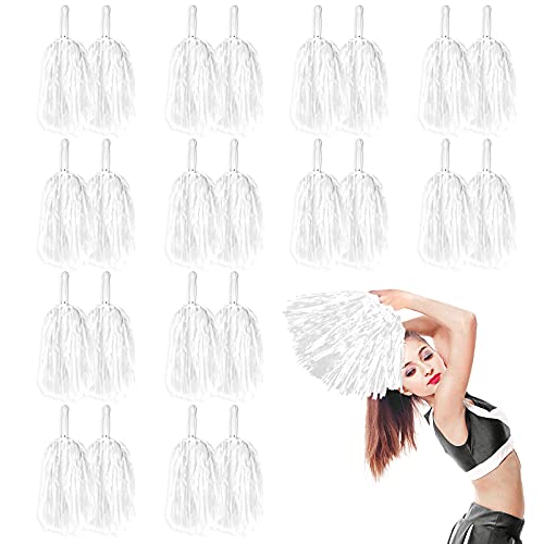 LINYAPRY 24 Pcs Metallic Cheerleading Pom Poms for Kids, Cheerleaders Cheer Pom Poms with Baton Handle, Cheering Squad Hand Flower for Adults Team Spirit Sports Game Dancing Party (White)