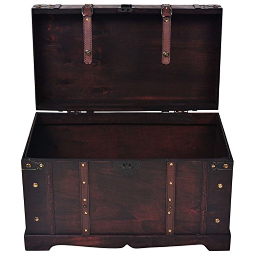 Wooden Storage Trunks, 25.98x14.96x15.75 inch Wood Made Pirate Treasure Chest Wooden Iron Lock Leather Chest with Latches Box for Antique-Style Storage Decorative Keepsak Chest