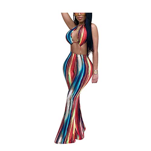 Wting Sexy Women Rainbow Stripe Bandage Backless High Waist Wide Leg Long Pants Ladies Halter Jumpsuits Romper Clubwear Outfits (L, Multicolor)