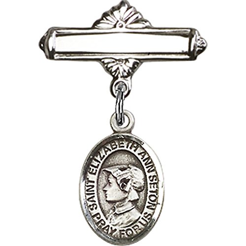 Sterling Silver Baby Badge with St. Elizabeth Ann Seton Charm and Polished Badge Pin 1 X 5/8 inches