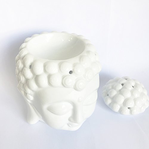 Moylor White Ceramic Buddha Head Essential Oil Burner and Tea Light Candle Holder for Amora, Spa, Yoga, Meditation, Zen