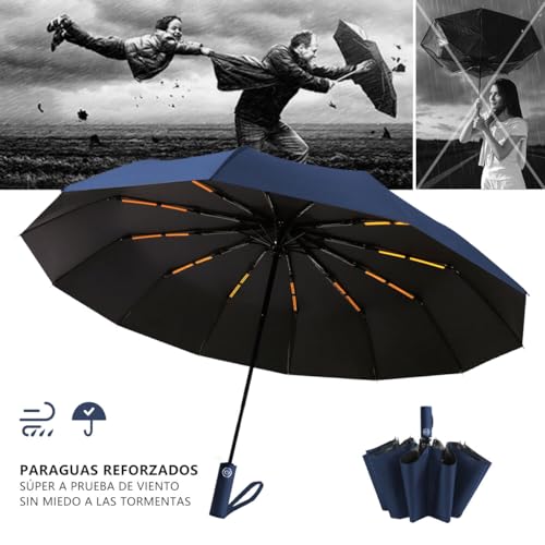 MXHIGO Paraguas Plegable Automático Reforzado, Paraguas de Bolsillo Resistente al Viento, Sombrilla Grande para Lluvia y Sol, Con 24 Varillas Reflectantes y Protección UV, Para Hombres y Mujeres
