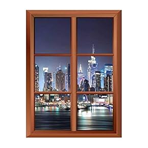 Wall26 Removable Wall Sticker/Wall Mural - New York City Manhattan Skyline Panorama at Night Over Hudson River - Creative Window View Vinyl Sticker - 24"x32"