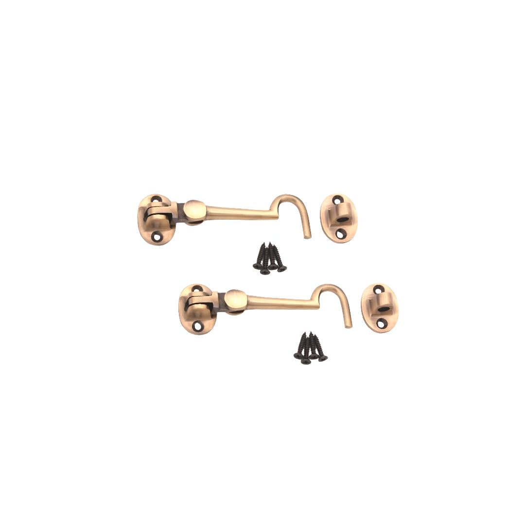 Infinity Decor Pack of 2 Cabin Hook and Eye Solid Brass - Silent Door Latch Lock for Window, Garden Gate, Door - 4" 100mm (Antique)