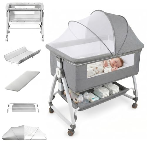 OLANENEM 6 em 1 Berço Portátil, Berço Moisés com Fraldário e Mosquiteiro, Berço Acoplado à Cama com Suporte Triangular de Aço Carbono, 6 Alturas e Inclinação Antirrefluxo 5°(Cinza)