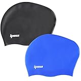 2 Pack,Ipow Premium Haircare Silicone Swim Cap Soft Bathing Hat to Keep Hair Healthy with Great Durability Highly Elastic&Large Stretch Eco-friendly for Long,Thick,or Curly Hair,Black+Blue