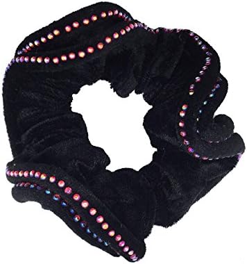 NTL #500 Black Velvet Rhinestone Hair Scrunchies (Regular) Tie Band Ponytail Holder, Hair Scrunchy