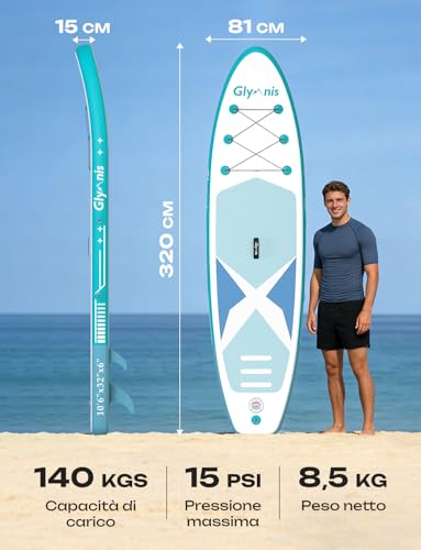 Glymnis Tavola Da SUP 320×81×15cm SUP Gonfiabile Capacità Di Carico Di 140 Kg Tavola Da Surf Stand Up Paddle Tavola SUP Con Pompa Ad Aria Pagaia Regolabile Borsa Da Trasporto