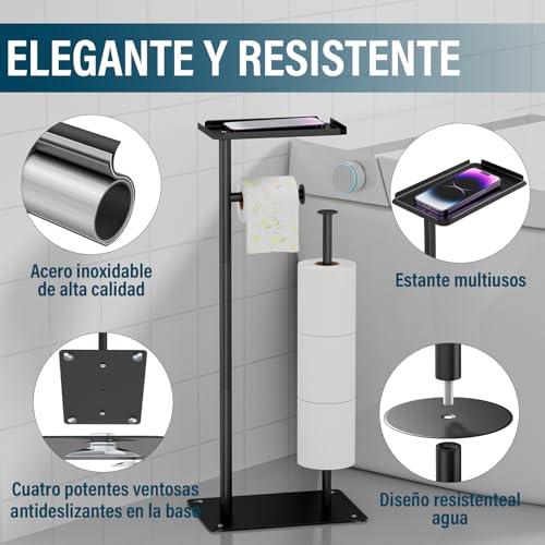 GALASALA Porta Rollos Papel de Baño de Pie, Porta Papel de Baño de Acero Inoxidable, Soporte Portarollos Papels Higienico con Base Antideslizante, para 4 Rollos de Repuesto y 2 Ganchos