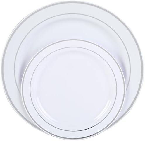 Premium Disposable Plastic Plates 50 Pack (25 x 10.5” Dinner + 25 x 7.5” Salad/Desert) White with Silver Rim by Finest Cutlery for Weddings, Parties, and Special Occasions.