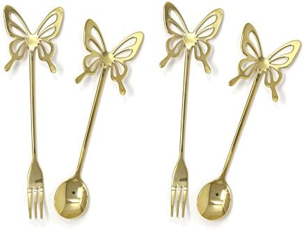 Gold Titanium Coated 18/10 Stainless Steel Beauty Dessert Spoon, TeaSpoon &amp; Fork Flatware 4pcs set - butterfly Gold