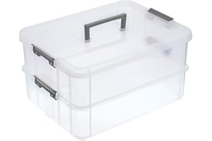 BTSKY 2 Layer Stack & Carry Box, Plastic Multipurpose Portable Storage Container Box Handled Organizer Storage Box for Organizing Stationery, Sewing, Art Craft, Jewelry and Beauty Supplies Dark Grey