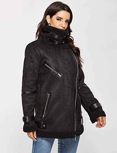 Escalier Women's Winter Lapel Faux Suede Leather Jacket with Sherpa Fleece Lining Black XL - Thumbnail 3