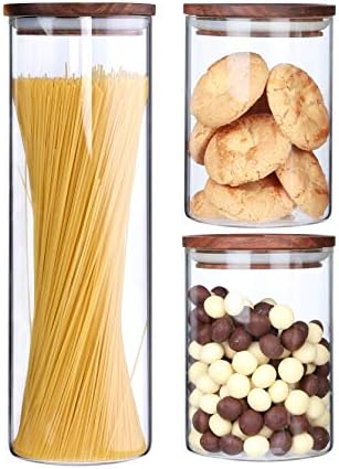 Clear Glass Canisters With Airtight Lids For The Kitchen Glass Food Storage Jars Wood lids Air Tight Dry Food Storage Containers Pasta Spaghetti Loose Tea Cookie Candy Sugar Jar,3 Piece Set