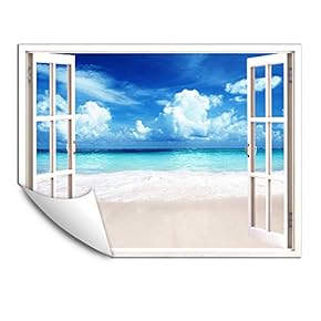 Wall Murals for Bedroom Fake Window Beach White Window Removable Wallpaper Peel and Stick Wall Stickers - 24x32 inches