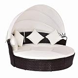 TANGKULA Patio Furniture Outdoor Lawn Backyard Poolside Garden Round with Retractable Canopy Wicker Rattan Round Daybed, Seating Separates Cushioned Seats (4 Pillow Beige)