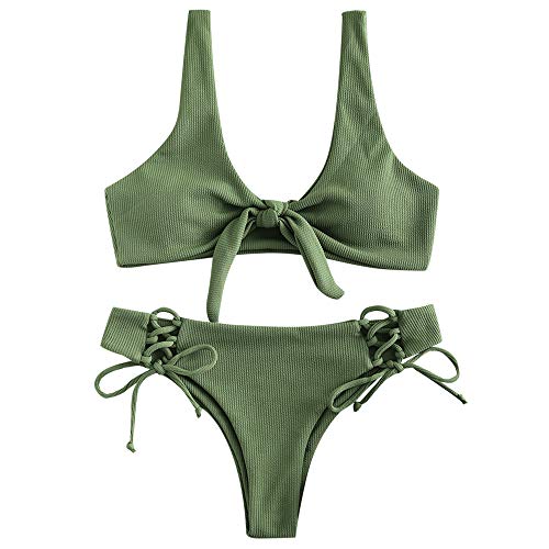 ZAFUL Damen Gerippter Geknoteter Bikini-Set Sexy Brazilian Bikini Gepolsterter Badeanzug Beachwear