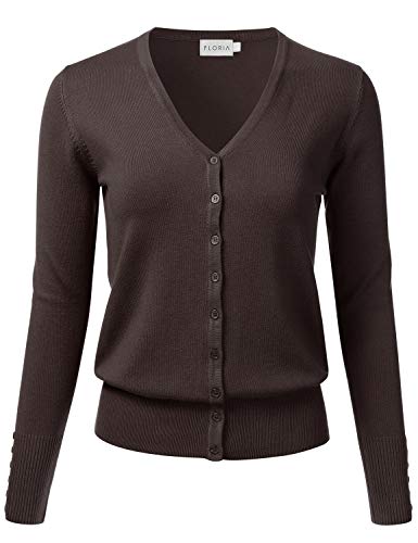 FLORIA Women Button Down V-Neck Long Sleeve Soft Knit Cardigan Sweater Brown L