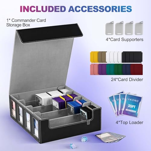 UAONO Trading Card Storage Box für Commander Display, 2400+ MTG Deck Box mit 4 Top Loader, TCG Card Case passend für Magic PTCG Sports Cards（Schwarz&Grau） 3