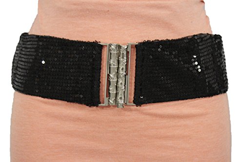 TFJ Women Fashion Belt Fabric Hip High Waist Silver Bamboo Metal Buckle S M Black
