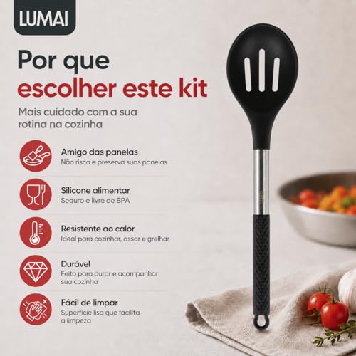 LUMAI Kit Utensílios de Cozinha Inox e Silicone 10 Peças com Suporte - Preto