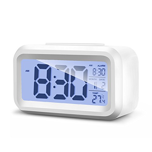 Alarm Clock Digital LCD Large Display Battery Operated Portable Modern Smart Snooze Silent Backlight Senor Date Time Temperature Clock for Heavy Sleepers Bedroom Kitchen Office Travel (white)