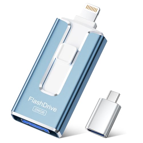 SUDEHO USB Stick 256GB for iPhone, MFi Certified 4 in 1 Memory Stick for iPhone/iPad/Android/PC, Flash Drive with Plug and Play Backup for Photos & Videos, Fast Transmission, Ash Blue