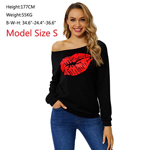 Begonia.K Women\'s Sexy Pullover Lips Print Casual Off the Shoulder Slouchy Shirt, Red Lip, Medium