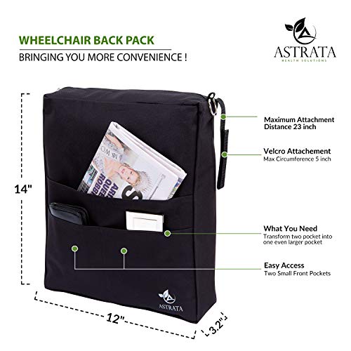 Wheelchair Accessories Bags by Astrata - Backpack Storage & Armrest Side Organizer - Lightweight Wheelchairs Rollator Walker Bag - Organizers and Storage Travel Items (Black)