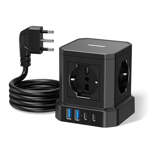 TOPREK Power Strip Cube with 4 Universal Sockets ITA 10/16A and Schuko and 2 USB C (20W PD3.0 Quick Charge) and 2 USB A, Multiple Socket with Switch, 1.5 Metres 90° Elbow Plug Cable, 3680W/16A