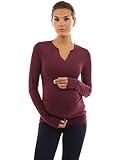 Patty Women's Mama Cotton Split Neck Long Sleeve Ruched Stretch Maternity Top