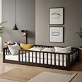 PVWIIK Twin Size Montessori Floor Bed Frame with Convertible Door & Wood Slats for Girls & Boys,Wood Montessori Bed w/Safety Guardrails,Espresso