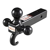 Towever 84181 Class 3/4 Trailer Hitch Tri Ball Mount with Hook (Black, Hollow Shank), for Pickup Truck Hitch Receiver