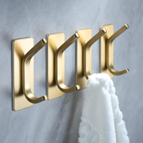 AMROAH 4pcs Stainless Steel Adhesive Hooks Wall Mounted, Heavy Duty Storage Wall Mount Hooks for Hanging Coat Clothes Towels Hat Bags for Home Entryway Bathroom Bedroom Kitchen Living Room (Gold)