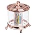 mDesign Round Bathroom Vanity Countertop Divided Storage Canister Plastic Jar with Metal Lid for Cotton Swabs, Rounds, Balls, Makeup Sponges, Blenders, Bath Salts - Clear/Rose Gold